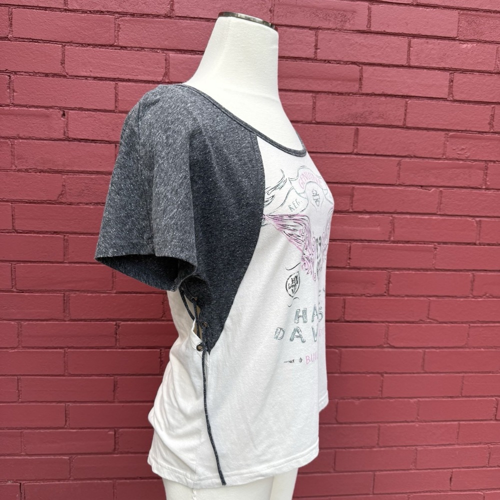 Harley Davidson Lace Up Shirt Womens Size Small Baseball Sleeve‎ Briker Grunge - Picture 6 of 8